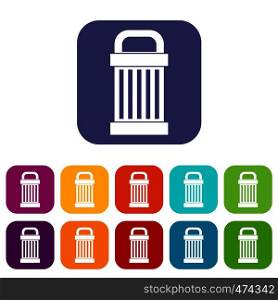 Trash icons set vector illustration in flat style In colors red, blue, green and other. Trash icons set