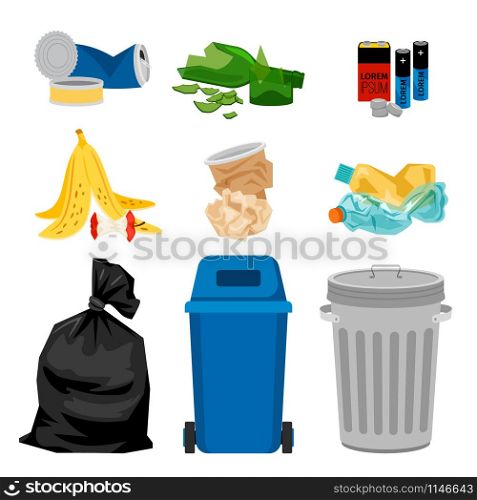Trash set with garbage bins. Waste separation vector illustration. Trash set with garbage bins