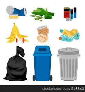 Trash set with garbage bins. Waste separation vector illustration. Trash set with garbage bins