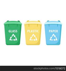 Trash sorting bins cartoon vector illustration. Waste management, recycling. Plastic, glass and paper multicolor containers flat object. Rubbish separation urban facility isolated on white background