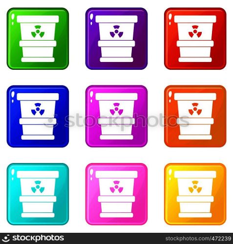 Trashcan containing radioactive waste icons of 9 color set isolated vector illustration. Trashcan containing radioactive waste icons 9 set
