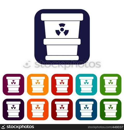Trashcan containing radioactive waste icons set vector illustration in flat style In colors red, blue, green and other. Trashcan containing radioactive waste icons set