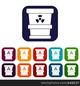Trashcan containing radioactive waste icons set vector illustration in flat style In colors red, blue, green and other. Trashcan containing radioactive waste icons set