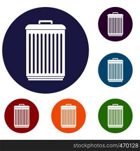 Trashcan icons set in flat circle reb, blue and green color for web. Trashcan icons set