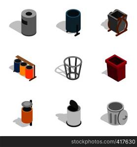 Trashcan icons set. Isometric 3d illustration of 9 trashcan vector icons for web. Trashcan icons, isometric 3d style