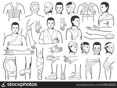 Trauma bandaging, wound first aid, vector characters. Accident injury emergency ward and trauma ambulance service. Traumatology first medical aid, arm and leg head and wrist fracture bandage. Trauma bandaging, wound first aid vector icons