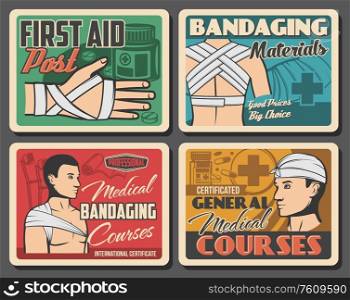 Trauma first aid and bandaging, medical assistance and traumatology clinic emergency ward, vector vintage posters. First aid medical courses, accident injury fracture bandaging, body wound treatment. Retro posters, medical first aid and bandaging