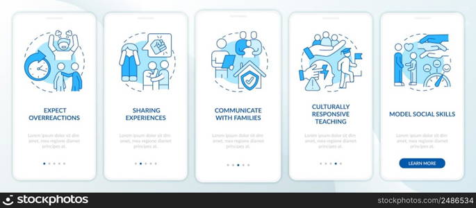 Trauma informed teaching blue onboarding mobile app screen. Education walkthrough 5 steps graphic instructions pages with linear concepts. UI, UX, GUI template. Myriad Pro-Bold, Regular fonts used. Trauma informed teaching blue onboarding mobile app screen