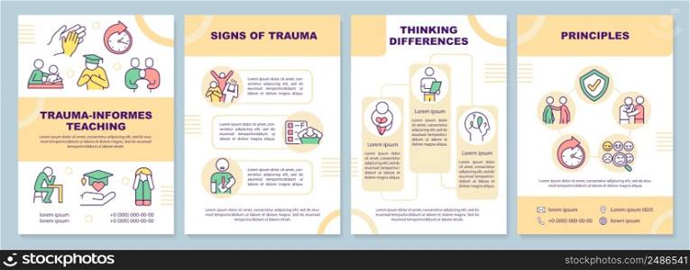 Trauma informed teaching yellow brochure template. Students behavior. Leaflet design with linear icons. 4 vector layouts for presentation, annual reports. Arial-Black, Myriad Pro-Regular fonts used. Trauma informed teaching yellow brochure template