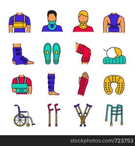 Trauma treatment color icons set. Orthopedic equipment. Braces and bandages, crutches. Injuries, broken legs and arms recovery. Mobility aid. Isolated vector illustrations. Trauma treatment color icons set