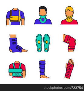 Trauma treatment color icons set. Rib belt, cervical collar, ankle and knee braces, insoles, shoulder immobilizer, shin support, wrist brace. Isolated vector illustrations. Trauma treatment color icons set