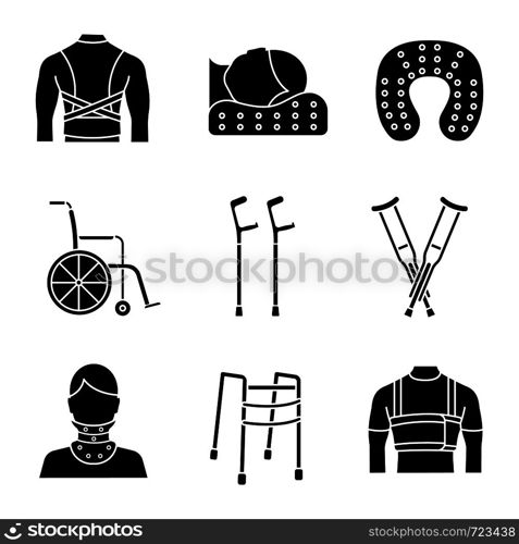 Trauma treatment glyph icons set. Posture corrector, neck orthopedic pillow, wheelchair, axillary, elbow crutches, cervical collar, walker, rib belt. Silhouette symbols. Vector isolated illustration. Trauma treatment glyph icons set