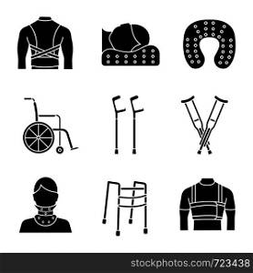 Trauma treatment glyph icons set. Posture corrector, neck orthopedic pillow, wheelchair, axillary, elbow crutches, cervical collar, walker, rib belt. Silhouette symbols. Vector isolated illustration. Trauma treatment glyph icons set