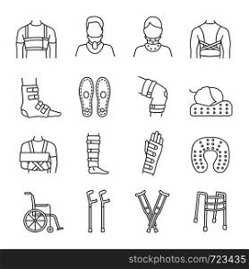 Trauma treatment linear icons set. Orthopedic equipment. Braces and bandages, crutches. Injuries, broken legs and arms recovery. Mobility aid. Isolated vector outline illustrations. Editable stroke. Trauma treatment linear icons set