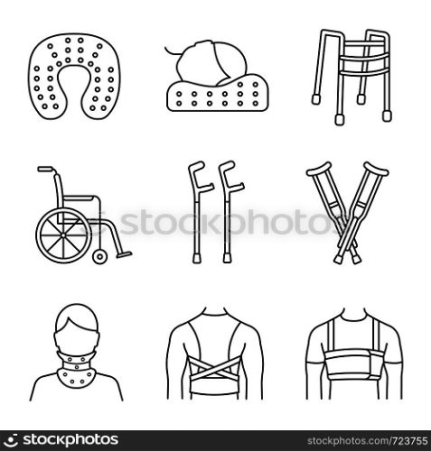 Trauma treatment linear icons set. Posture corrector, neck pillow, wheelchair, axillary, elbow crutches, cervical collar, walker, rib belt. Isolated vector outline illustrations. Editable stroke. Trauma treatment linear icons set