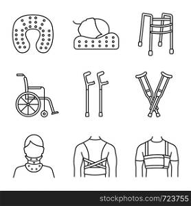 Trauma treatment linear icons set. Posture corrector, neck pillow, wheelchair, axillary, elbow crutches, cervical collar, walker, rib belt. Isolated vector outline illustrations. Editable stroke. Trauma treatment linear icons set