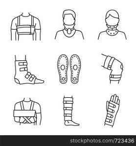 Trauma treatment linear icons set. Rib belt, cervical collar, ankle and knee braces, insoles, shoulder immobilizer, shin support, wrist brace. Isolated vector outline illustrations. Editable stroke. Trauma treatment linear icons set