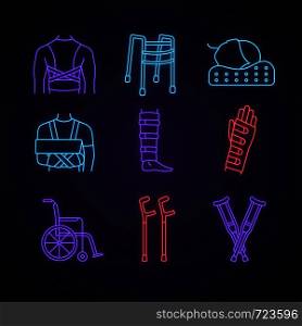 Trauma treatment neon light icons set. Posture corrector, walker, orthopedic pillow, shoulder immobilizer, shin brace, elbow and axillary crutches. Glowing signs. Vector isolated illustrations. Trauma treatment neon light icons set
