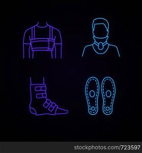 Trauma treatment neon light icons set. Surgical men's rib belt, cervical collar, foot ankle brace, orthopedic insoles. Glowing signs. Vector isolated illustrations. Trauma treatment neon light icons set