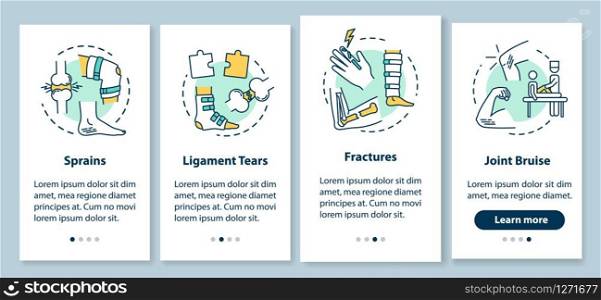 Trauma types onboarding mobile app page screen with concepts. Sprains, ligament tears, fractures, joint bruise walkthrough 4 steps graphic instructions. UI vector template with RGB color illustrations