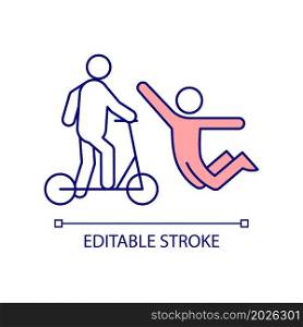 Traumatic e-scooter accident RGB color icon. Collide with pedestrian. Electrical scooter crash. Collisions and injuries risk. Isolated vector illustration. Simple filled line drawing. Editable stroke. Traumatic e-scooter accident RGB color icon