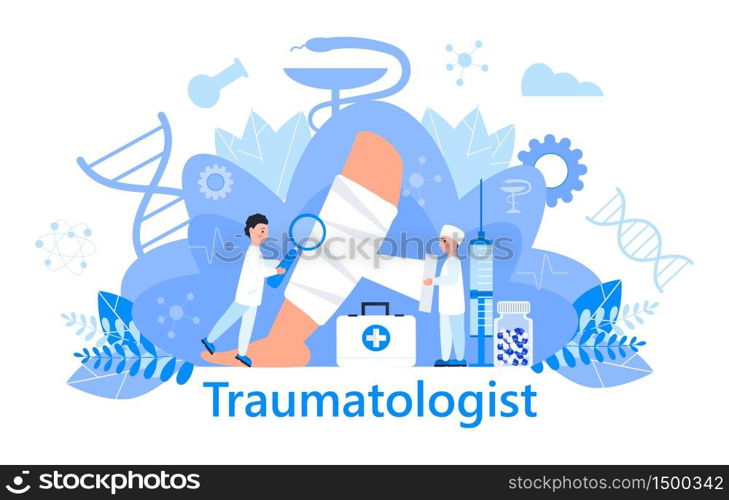 Traumatologist concept vector for landing page, banner. The surgeon puts a cast on the lower leg. Tiny doctors treat rheumatism, osteoarthritis, arthritis. They make x ray scan.. Traumatologist concept vector for landing page, banner. The surgeon puts a cast on the lower leg. Tiny doctors treat rheumatism, osteoarthritis, arthritis. They make x ray scans.