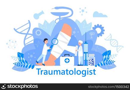 Traumatologist concept vector for landing page, banner. The surgeon puts a cast on the lower leg. Tiny doctors treat rheumatism, osteoarthritis, arthritis. They make x ray scan.. Traumatologist concept vector for landing page, banner. The surgeon puts a cast on the lower leg. Tiny doctors treat rheumatism, osteoarthritis, arthritis. They make x ray scans.