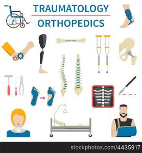Traumatology And Orthopedics Icons. Flat traumatology and orthopedics icons with patients medical instruments prosthesis and other bone traumas isolated vector illustrations