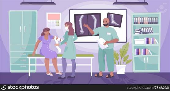 Traumatology clinic doctor composition patient with broken arm sits in traumatologist office vector illustration