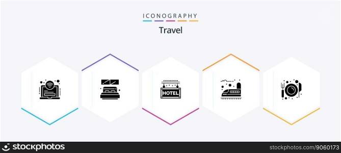 Travel 25 Glyph icon pack including eat. transport. hotel. train. railroad