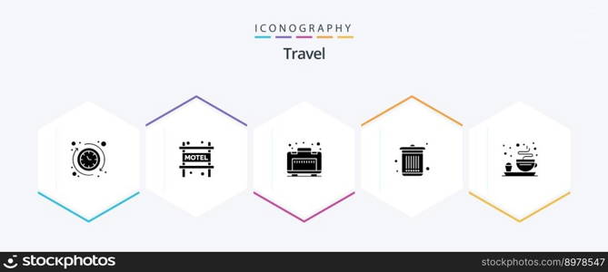 Travel 25 Glyph icon pack including . plate. luggage. breakfast. garbage