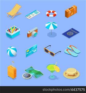 Travel Accessories Isometric Icons Set. Summer vacation travel vintage accessories isometric icons collection with sunglasses straw hat and suitcase isolated vector illustration