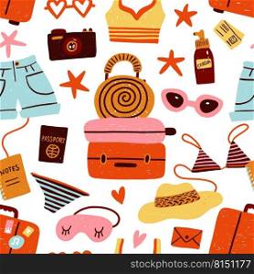 Travel accessories seamless pattern. Summer voyage print. Touristic equipment objects. Bikini or sunscreen cream. Summertime adventure elements. Luggage and passport document. Classy vector background. Travel accessories seamless pattern. Summer voyage print. Touristic equipment objects. Bikini or sunscreen. Summertime adventure elements. Luggage and passport. Classy vector background