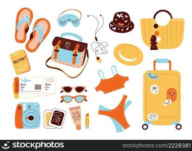 Travel accessories. Summer vacation equipment, things for flight, beach holidays items. ID documents, tickets, bikinis and luggage, seaside resort, vector cartoon flat style isolated summertime set. Travel accessories. Summer vacation equipment, things for flight, beach holidays items. ID documents, tickets, bikinis and luggage, seaside resort, vector cartoon flat isolated set
