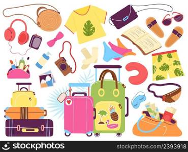 Travel accessories. Traveler stuff, suitcase and beach objects. Female bag, summer tourism fashion elements. Doodle luggage for vacation, vector set. Illustration of suitcase for tourism and travel. Travel accessories. Traveler stuff, suitcase and beach objects. Female bag, summer tourism fashion elements. Doodle luggage for vacation, decent vector set
