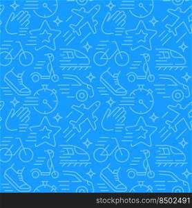 Travel activity abstract seamless pattern. Editable vector shapes on blue background. Trendy texture with cartoon color icons. Design with graphic elements for interior, fabric, website decoration. Travel activity abstract seamless pattern