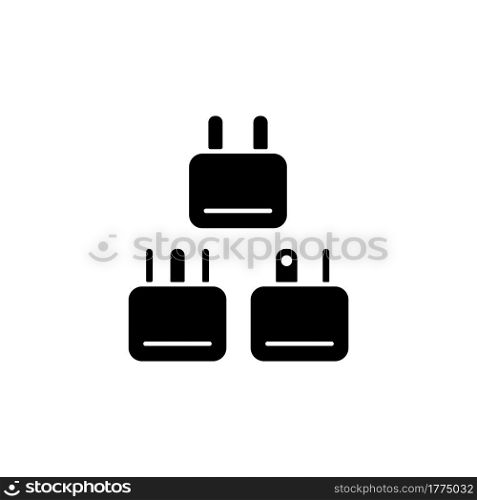 Travel adapter black glyph icon. Universal plug for airplane passenger. Portable amenities. Things for tourist. Travel size objects. Silhouette symbol on white space. Vector isolated illustration. Travel adapter black glyph icon