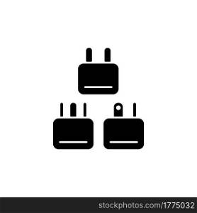 Travel adapter black glyph icon. Universal plug for airplane passenger. Portable amenities. Things for tourist. Travel size objects. Silhouette symbol on white space. Vector isolated illustration. Travel adapter black glyph icon