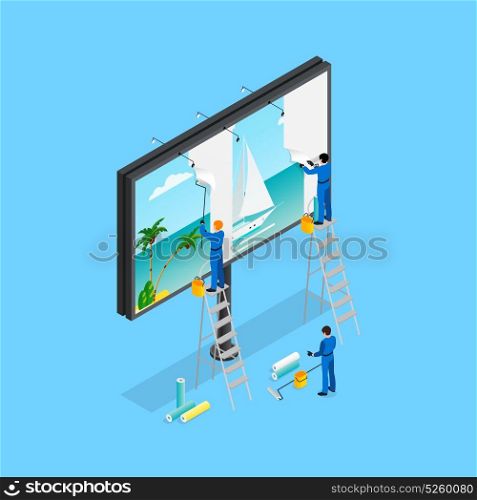 Travel Advertising Isometric Concept. Advertising isometric concept with billboard on blue background isometric vector illustration