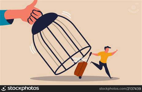 Travel after post pandemic covid and global tourism reopen trip business vector illustration concept. Man on cage run to departure and adventure holiday. Health protection for coronavirus traveler