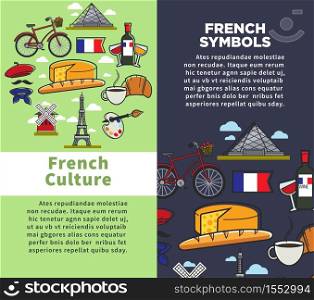 Travel agency brochures French culture and symbols architecture and cuisine vector Louvre and Eiffel tower wine and cheese croissant and coffee breakfast painting and Moulin rouge baguette and beret. French culture and symbols travel agency brochures architecture and cuisine