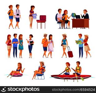 Travel agency cartoon set with people preparing for trip and on summer water active recreation isolated vector illustration. Travel Agency Cartoon Set