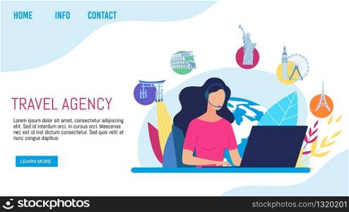 Travel Agency Clients Support, Call-Center or Helpline Service Trendy Flat Vector Web Banner, Landing Page Template. Company Manager, Helpdesk Worker in Headset Communicating with Clients Illustration