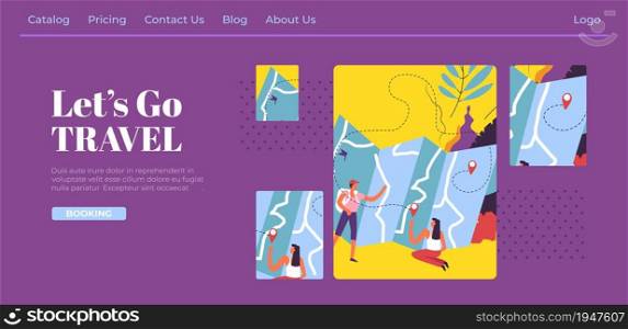 Travel agency company giving tour guides and packages for clients. Tourism and spending vacations in adventure. Couple with backpacks. Website or webpage template, landing page flat style vector. Lets go travel, tourism and adventure company site