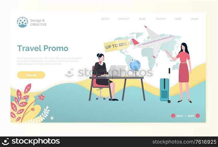 Travel agency, discount fly tickets, woman with bag and worker using laptop, map and plane. Webpage design and creative, holiday or vacation vector. Plane Tickets Discount, Tourism Webpage Vector