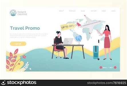 Travel agency, discount fly tickets, woman with bag and worker using laptop, map and plane. Webpage design and creative, holiday or vacation vector. Plane Tickets Discount, Tourism Webpage Vector
