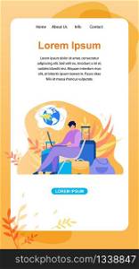 Travel Agency Flat Vector Web Vertical Banner or Landing Page Template with Traveling Woman Using Laptop for Booking Airline Tickets Online, Searching Flights, Reserving Hotel in Internet Illustration