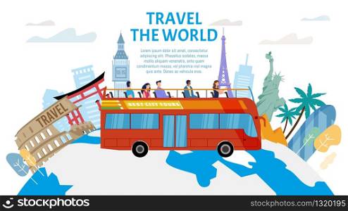 Travel Agency, Hop-on-Hop-Off Bus Tour Service, City Excursions Trendy Flat Vector Advertising Banner, Promo Poster Template. Tourists on Open Top Bus Riding to Worlds Famous Attractions Illustration