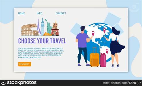 Travel Agency International Tours, Airline Charters Trendy Flat Vector Web Banner, Landing Page Template. Male, Female Tourists, Travelers with Baggage Bags Choosing Destinations on Map Illustration