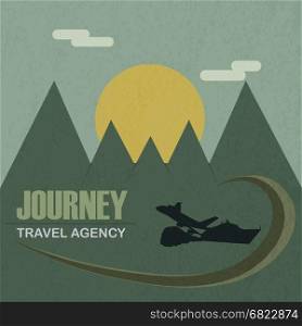 Travel agency journey. The logo associated with tourism and journey. Transport for travel on a background of mountains and sun.